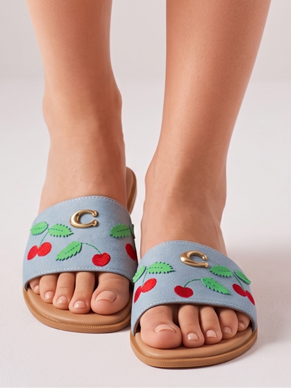 Cherry-Embroidered Light Blue Slides with Gold Accent